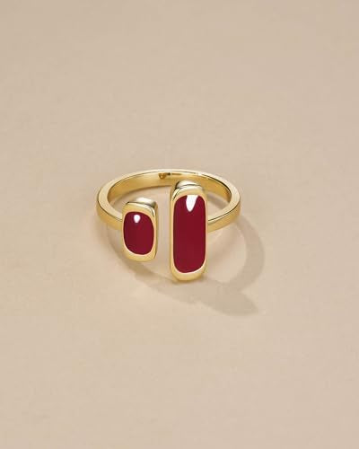 SNGIA 18K Gold Plated Maroon Burgundy Red Enamel Square Rectagnular Adjustable Statement Open Ring for Women by SNGIA, Dainty Irregular Geometric Summer Beach Unique Stackable Wedding Date Birthday Gift, Bohemian Irregular Trendy Navy Jewelry, Textured Pa