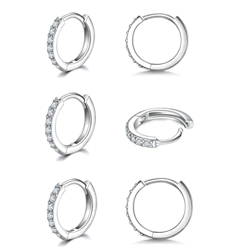 3 Pairs 925 Sterling Silver Small Hoop Earrings for Women Men | Cubic Zirconia, 14K White Gold Plated Huggie Hoop Earrings, Hypoallergenic - style: C-silver 10mm*3