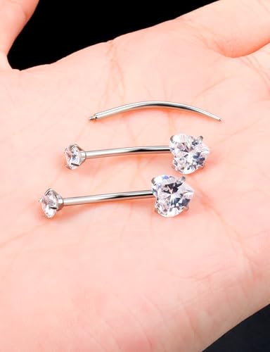 Oufksiyy Long and Extra Long Bar Belly Button Ring Internal Thread Hypoallergenic Surgical Stainless Steel 14mm 16mm 14 Gauge Navel Rings Cubic Zirconia Buuton Body Piercing Jewelry for Women Men - color: Double Heart Cubic Zirconia 16MM