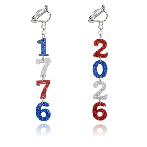 4th of July Independence Day Clip on Earring for Women American Flag Dangle Earrings Patriotic Red White Blue USA Earring, Pave Crystal Stud - color: red 50