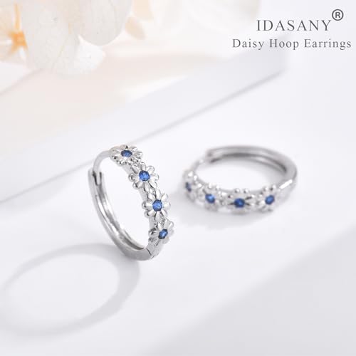 Sterling Silver Hoop Earrings for Women, Dainty Small Huggie Hoop Earrings | Hypoallergenic Daisy Color Cubic Zirconia Flower Hoops Earring Jewellery Gifts for Ladies Birthday Wedding, 12mm Hoop - color: Sapphire