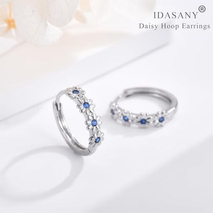Sterling Silver Hoop Earrings for Women, Dainty Small Huggie Hoop Earrings | Hypoallergenic Daisy Color Cubic Zirconia Flower Hoops Earring Jewellery Gifts for Ladies Birthday Wedding, 12mm Hoop - color: Sapphire