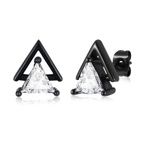 Unisex Geometric Triangle Stud Earrings, Stainless Steel Minimalist Cubic Zirconia Pierced Post Earrings for Men Women - style: Double Layer-Black