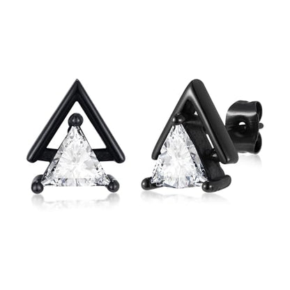 Unisex Geometric Triangle Stud Earrings, Stainless Steel Minimalist Cubic Zirconia Pierced Post Earrings for Men Women - style: Double Layer-Black