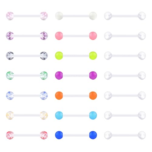 VCMART 14G Plastic Tongue Rings Plastic Nipple Rings for Surgery Clear Tongue Ring Nipple Piercings Glow in Dark Flexible Acrylic Straight Barbell Piercing Retainer for Work Sports 12/14/16/18MM - color: B3 -16mm
