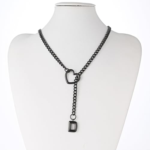 sroyte Black Heart Slip Chain Initial Necklaces for Women,Stainless Steel O-Ring Adjustable Lariat Heart Y-Necklace,Punk Gothic Cuban Collar Choker Necklace for women - color: Black D