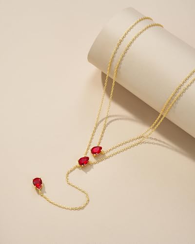 SNGIA Long 18K Gold Plated Blue Green Red Layered Pendant Necklace For Women (Emerald, Ruby, Seafoam, Sky, Sapphire, Pink), Dainty Birthstone Necklace, Statement Necklace Jewelry Gifts. - style: Ruby