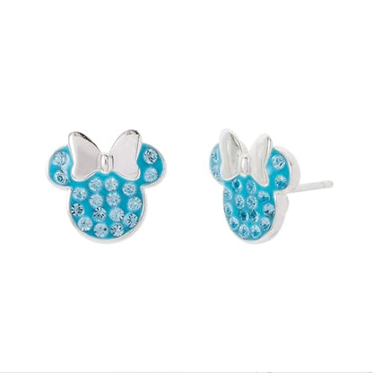 Disney Minnie Mouse Jewelry, Sterling Silver Pave Birthstone Crystal | Stud Earrings - color: March-Aquamarine Light Blue Crystal