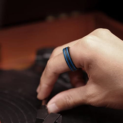 King Will Mens Tungsten Rings for Men Two Tone Grooved Mens Wedding Band Cool - color: Black & Blue Two Groove 6mm
