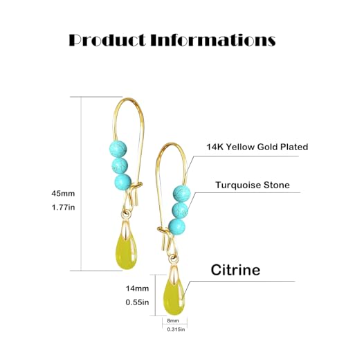 Natural Waterdrop Stone Drop Earrings,Gold Plated Real Genuine Teardrop Crystal Quartz Gemstone Pin Hoop Earrings Hooks Statement Dangle Dangling Earrings for Women Her - color: A05_Citrine