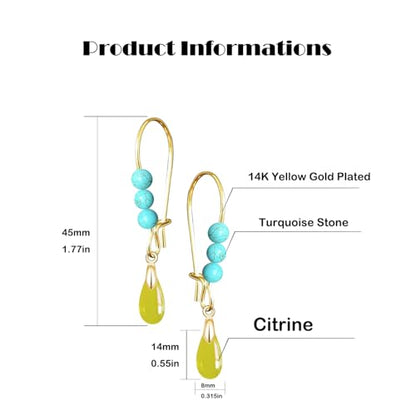 Natural Waterdrop Stone Drop Earrings,Gold Plated Real Genuine Teardrop Crystal Quartz Gemstone Pin Hoop Earrings Hooks Statement Dangle Dangling Earrings for Women Her - color: A05_Citrine