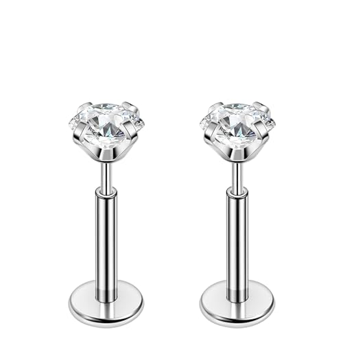 PunkTracker 16g/18g/20g Titanium Steel Threadless Flat Back Cartilage Earrings for Helix/Tragus/Conch/Daith/Earlobe - Nose Studs Lip Rings Labret Monroe Piercing Jewelry for Women Men 2PCS - style: 18g,silver,6mm bar,4mm gem