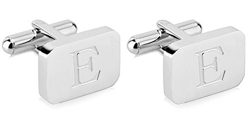 18K White-Gold Plated Initial Engraved Stainless Steel Men’s Cufflinks With Gift Box -Personalized Alphabet Letter’s A-Z By Lux & Pair - style: E- White Gold