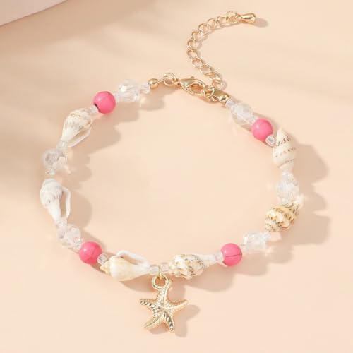 Shell Starfish Bracelet Seahorse Conch Starfish Sea Shell Pearls Charm Stone Bracelet Statement Bohemian Sea Themed Beach Jewelry for Women - color: Pink C