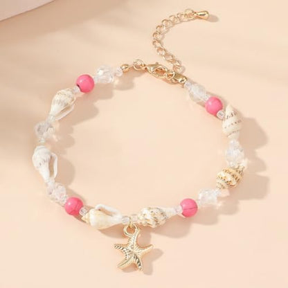 Shell Starfish Bracelet Seahorse Conch Starfish Sea Shell Pearls Charm Stone Bracelet Statement Bohemian Sea Themed Beach Jewelry for Women - color: Pink C