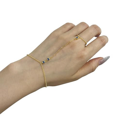 Kakikaki 925 Sterling Silver Finger Ring Bracelet Hand Chain for Women | Slave Bracelets 7" to 9" Adjustable - color: Gold, style: 3 Sapphire