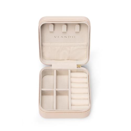 VLANDO Small Travel Jewelry Box Organizer Display Case for Girls Women Gift Rings Earrings Necklaces Storage, Pale Nude Pink - color: Pale Nude Pink