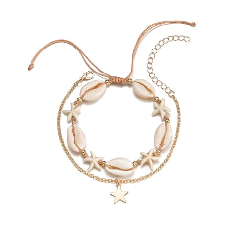Shell Ankle Bracelet Set for Women,Boho Adjustable Beads Anklet Pack Natural White Shells Stack Stretch Seashell Pearl Starfish Bracelet Set Hawaiian Beach Vacation Foot Jewelry - style: M-Starfish Shell