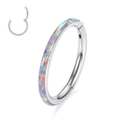 PEAKLINK Hinged Nose Hoop Ring Surgical Steel Conch Cartilage Helix Lobe Earring for Septum Lip Tragus Daith Rook Orbital Belly Nose Piercing Jewelry - color: Silver with Purple Opal