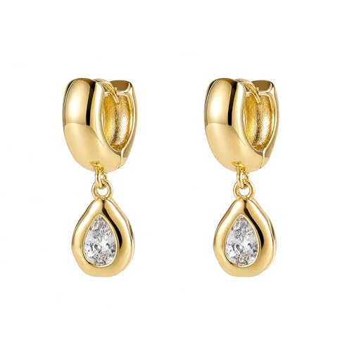 SHERLOVE Chunky Statement Gold Dangle Earrings Women Bezel Cubic Zirconia | 14K Gold Plated Huggie Hoop Drop,Dainty Trendy Elegant Fancy Formal,Hypoallergenic Lightweight Non tarnish,Statement Jewelry - color: Chunky Dangle Teardrop Gold