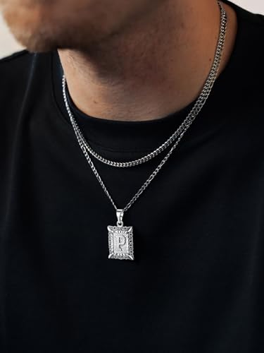 U7 Initial Letter Necklace for Men Women, 14K Gold/Silver Plated Square Capital Monogram Pendant Necklace from A-Z with 22+2 Inch Figaro Chain, Personalized Jewelry for Him - color: Silver, style: P