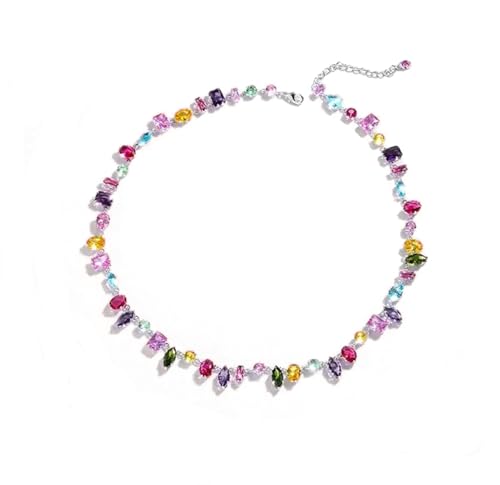 Silver Plated Rainbow Crystal Necklace, Sparkly Cubic Zirconia Rhinestone Multicolor Chain Choker Bracelet Earring Jewelry Set - style: Necklace