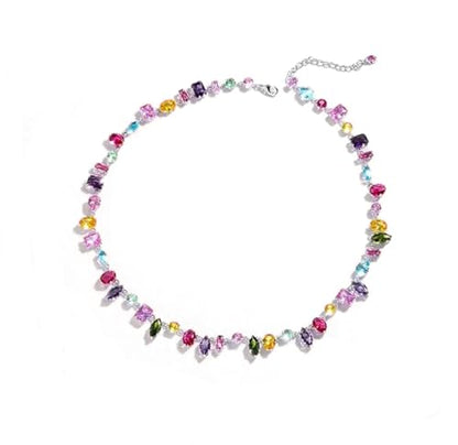 Silver Plated Rainbow Crystal Necklace, Sparkly Cubic Zirconia Rhinestone Multicolor Chain Choker Bracelet Earring Jewelry Set - style: Necklace