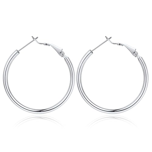 Jewlpire 14K Gold Plated 925 Sterling Sliver Post Hoop Earrings, 2MM Thick Hoop earrings Lightweight Large Hoop Earrings for Women Trendy 20/30/40/50/60/70mm - color: Silver Color, size: 30mm