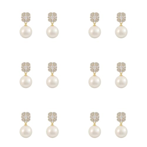 6Pairs Large Pearl Bridesmaid Earrings Dainty Rhinestone Jewelry | White,jewelry,big,round,vintage,retro,unique,formal,guest,bridal,engagement,dangle,dangling,drop,fashion,wedding,gift - color: White