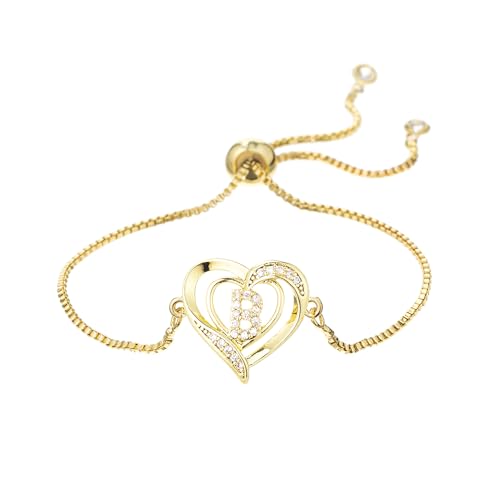 14K White Gold Plated Initial Heart Bracelet for Women Zircon Inlay Heart Initial Charm Bracelets Adjustable Minimalist Jewelry - color: B-gold