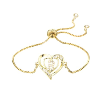 14K White Gold Plated Initial Heart Bracelet for Women Zircon Inlay Heart Initial Charm Bracelets Adjustable Minimalist Jewelry - color: B-gold