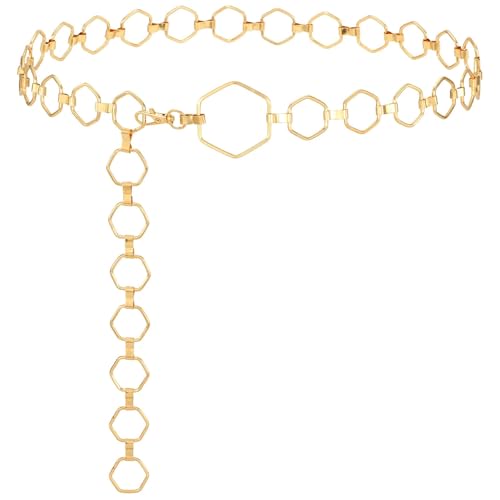 SUOSDEY Gold Silver Waist Chain Belt for Women,Fashion Metal Adjustable Chain Belts for Dresses - color: 10-gold(hexagon), size: Fit for Waist up to 44 inches