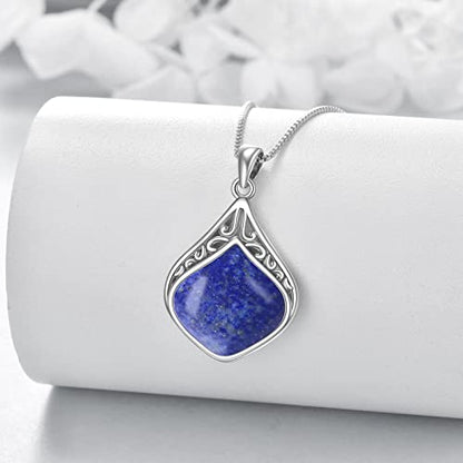 YAFEINI Teardrop Necklace Sterling Silver Filigree Irish Pendant Necklace Natural Stone Moonstone/Lapis Lazuli/Larimar/Moss Agate Necklace Jewelry - color: Lapis Lazuli teardrop necklace