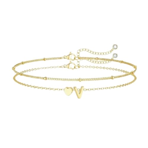 Gold Initial Bracelets for Women Trendy, Dainty Layered 14K Gold Plated Heart Letter Charm Bracelets, letter beads for name bracelets Jewelry Gifts - color: Gold-V
