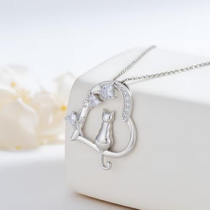 Heart Animal Necklace 925 Sterling Silver Cute Animal Pendant Jewelry Birthday Gifts for Women Girlfriend Mom Animal Lovers - style: 1-4 Silver Cat