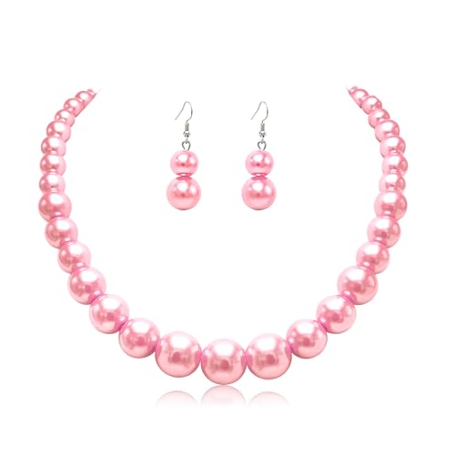 Cryshimmer Pearl Choker Necklace for Women Faux Pearl Beads Strand Necklace Earring Set Costume Jewelry,Gift for Wife Mother - color: Barbie Pink Pearl