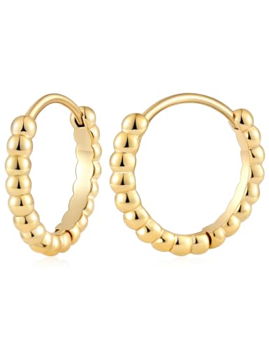 Fiusem 14K Gold Plated Huggie Hoop Earrings for Women | 8/10/12 Hypoallergenic Small Twisted beaded Huggie Earrings - color: Gold Bead, size: 10MM