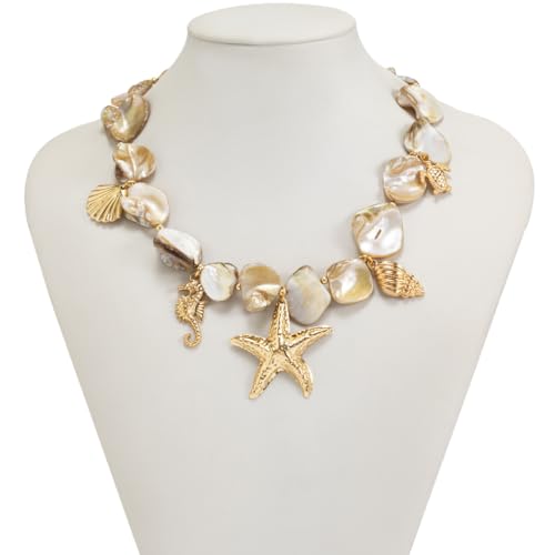Boho Chunky Shell Necklace for Women Baroque Pearl Pendant Necklaces Irregular Shell Beaded Choker Necklace Trendy Vacation Jewelry Accessories - color: White2