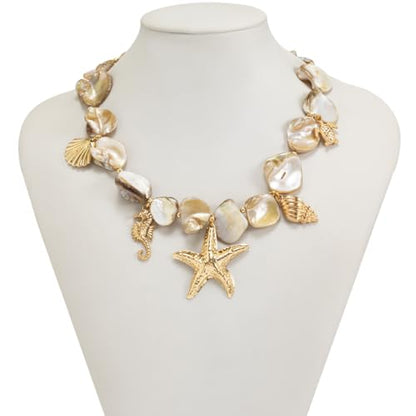 Boho Chunky Shell Necklace for Women Baroque Pearl Pendant Necklaces Irregular Shell Beaded Choker Necklace Trendy Vacation Jewelry Accessories - color: White2