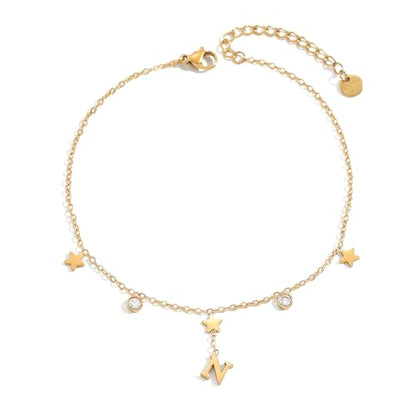 Initial Anklet for Women, 18K Gold Plated Waterproof Ankle Bracelet, Star CZ Letter A-Z Personalized Beach Foot Jewelry - color: N