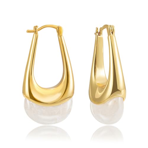 LAXPICOL Gold Chunky Dangle Earrings For Women Resin Stone Earrings Hoop Earrings, 18k Plated Oval Resin Stone Statement Earrings for Women Unique Dangling Teardrop Baroque Huggies Hoop Earrings - color: white-Teardrop 1