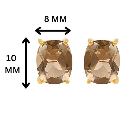 Women's 18K Gold Plated 8x10mm Princess Cut Gemstone Stud Earrings – Birthstone Jewelry for Her – Classic Cushion Studs - color: Smoky Quartz