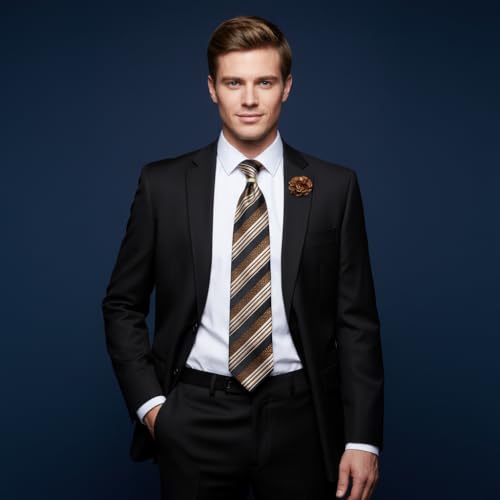 5PCS Mens Silk Tie, Pocket Square, Cufflinks, Drilled Tie Ring and Lapel Pin Set for Wedding Groom Party - color: Brown Striped Tie Set -102