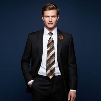 5PCS Mens Silk Tie, Pocket Square, Cufflinks, Drilled Tie Ring and Lapel Pin Set for Wedding Groom Party - color: Brown Striped Tie Set -102
