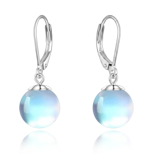 Pearl Leverback Earrings for Women Dangle Round Gemstone Earrings Birthstone Jewelry Gift Anniversary for Her - color: 13 Moonstone