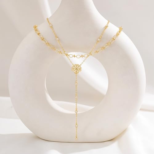 CHESKY Lariat Gold Necklace for Women, Dainty Long Necklace 14k Gold Plated Y-Shaped Pendant Necklace Trendy Layered CZ Beaded Chain Drop Necklaces Simple Gold Jewelry for Women Gifts - color: 7