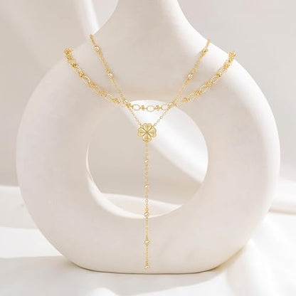 CHESKY Lariat Gold Necklace for Women, Dainty Long Necklace 14k Gold Plated Y-Shaped Pendant Necklace Trendy Layered CZ Beaded Chain Drop Necklaces Simple Gold Jewelry for Women Gifts - color: 7