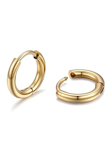 PROSTEEHoop Earrings for Men Women Stainless Steel Silver/Black/14K Gold | Waterproof & Lightweight Sleeper Small Huggie Earring Hypoallergenic Post Cartilage Piercing Jewelry for Mens Dad Gift Box - color: A. Round-14K Gold, size: 8mm