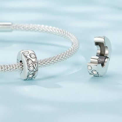Heart Charm Clip Lock Spacer Stopper Charm Bead Bracelet 925 Sterling Silver Charms Safety Chain for Pandora Bracelets - color: Butterfly Flower Stoppered Beads