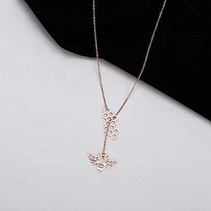 18K Gold Plated Stainless Steel Bee Honeycomb Pendant Necklace, Adjustable Y Lariat Conch/Guitar/Horseshoe Necklace for Women - color: Rose Gold, style: Bee